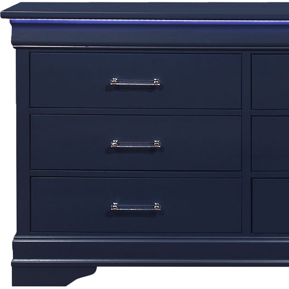 59" Blue Solid Wood Lighted Six Drawer Double Dresser HomeRoots