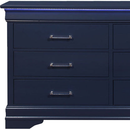 59" Blue Solid Wood Lighted Six Drawer Double Dresser HomeRoots