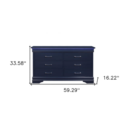 59" Blue Solid Wood Six Drawer Double Dresser with LED