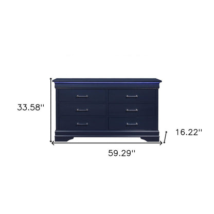 59" Blue Solid Wood Lighted Six Drawer Double Dresser HomeRoots