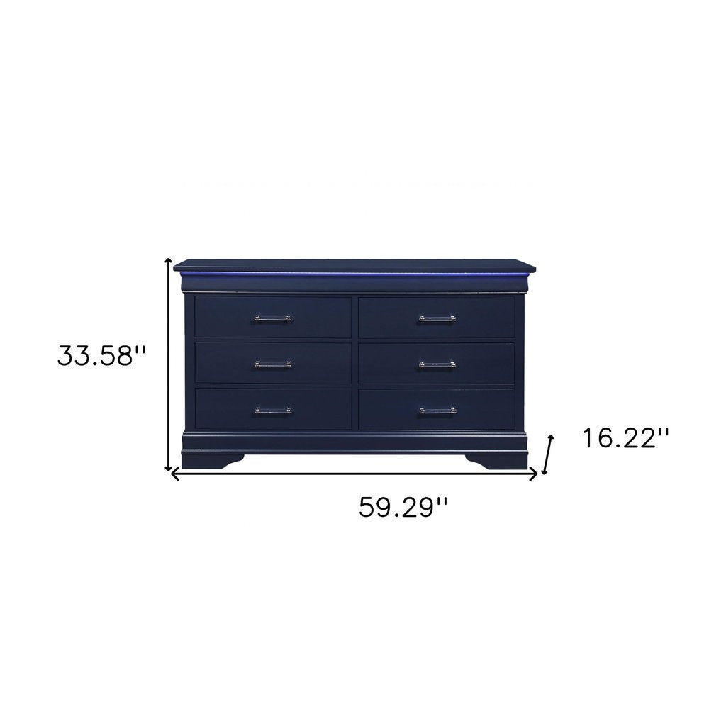 59" Blue Solid Wood Lighted Six Drawer Double Dresser HomeRoots