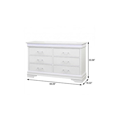 59" White Solid Wood Six Drawer Double Dresser with LED HomeRoots