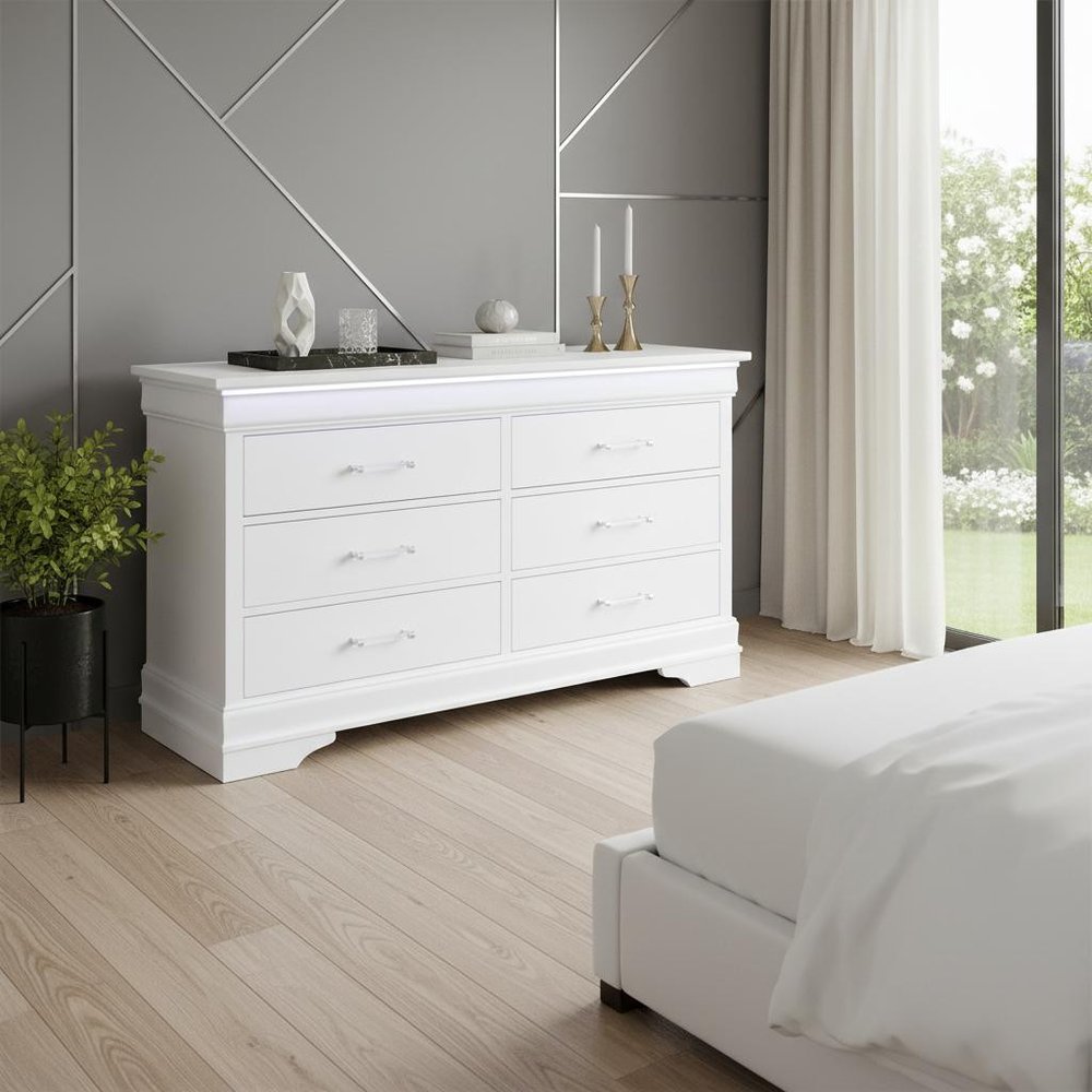59" White Solid Wood Six Drawer Double Dresser with LED HomeRoots
