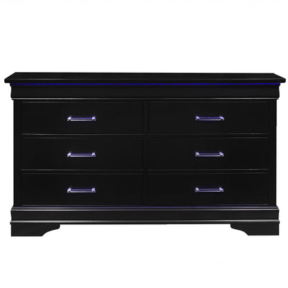 59" Black Solid Wood Six Drawer Double Dresser with LED