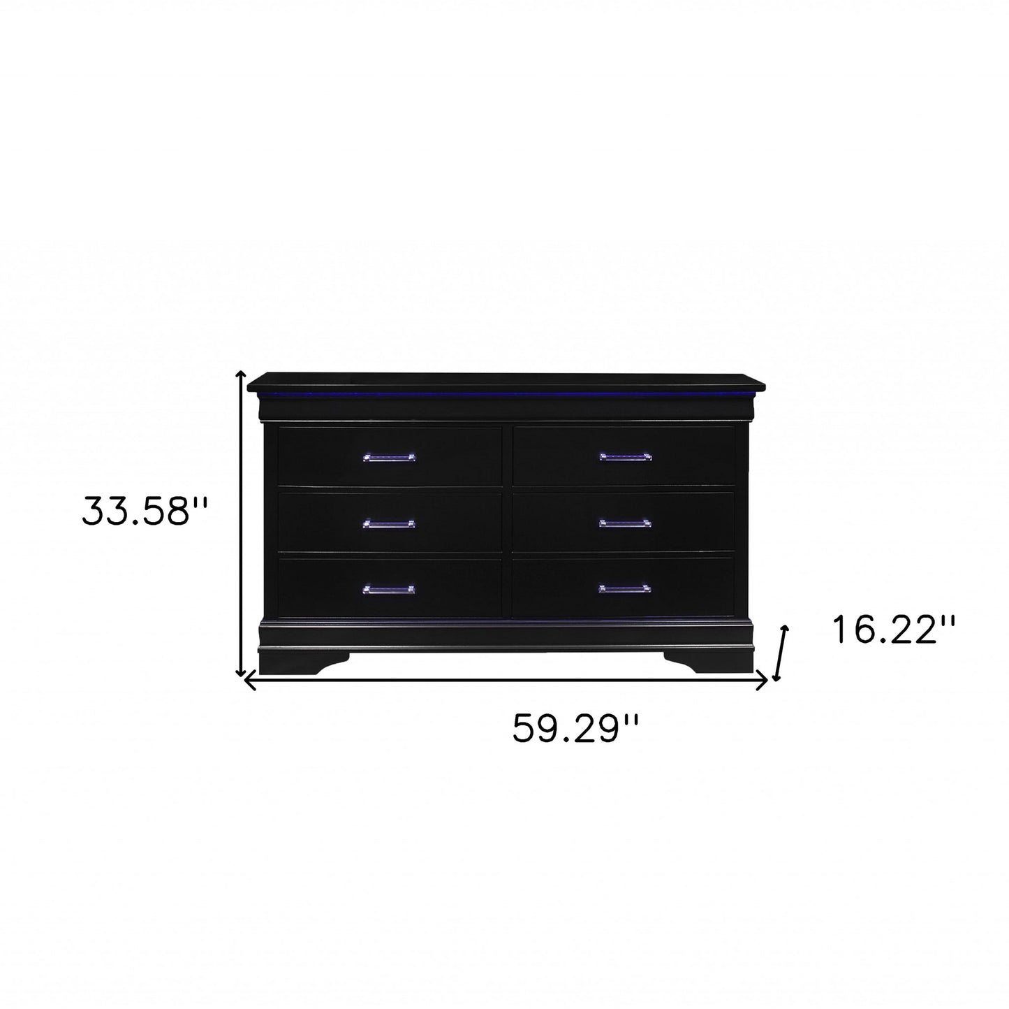 59" Black Solid Wood Six Drawer Double Dresser with LED