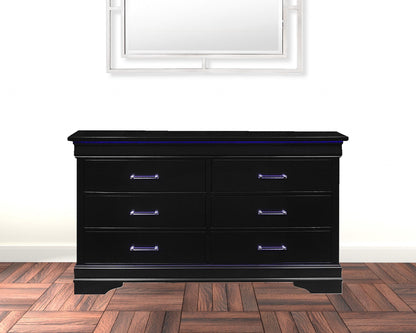 59" Black Solid Wood Six Drawer Double Dresser with LED