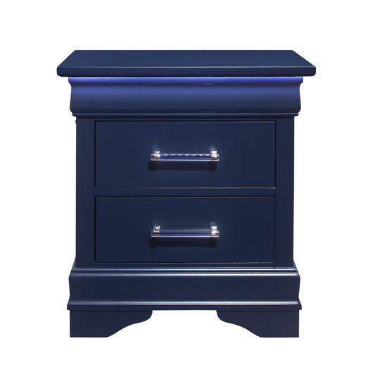 24" Blue Wood Lighted Two Drawer Nightstand