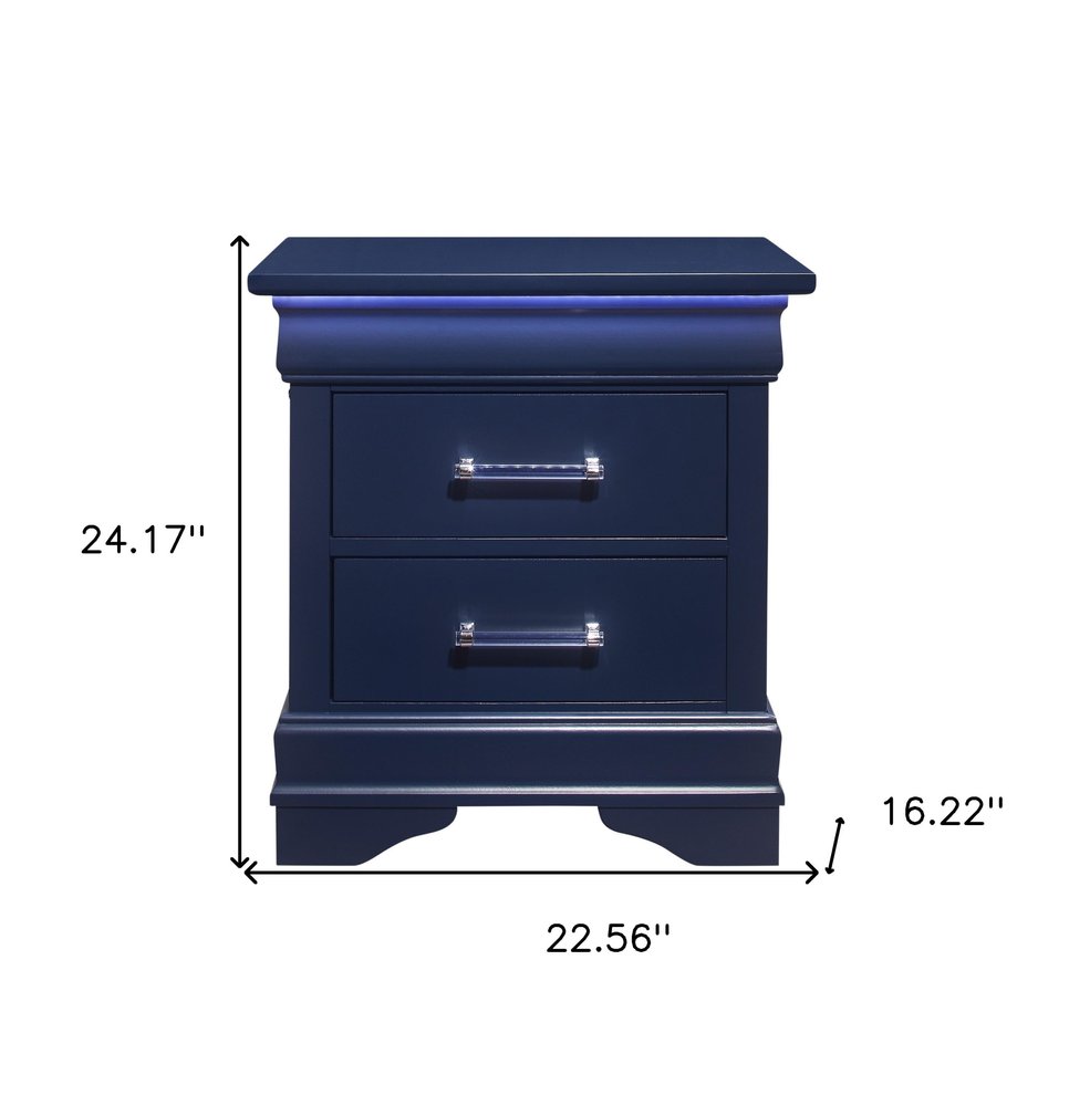 24" Blue Wood Lighted Two Drawer Nightstand HomeRoots