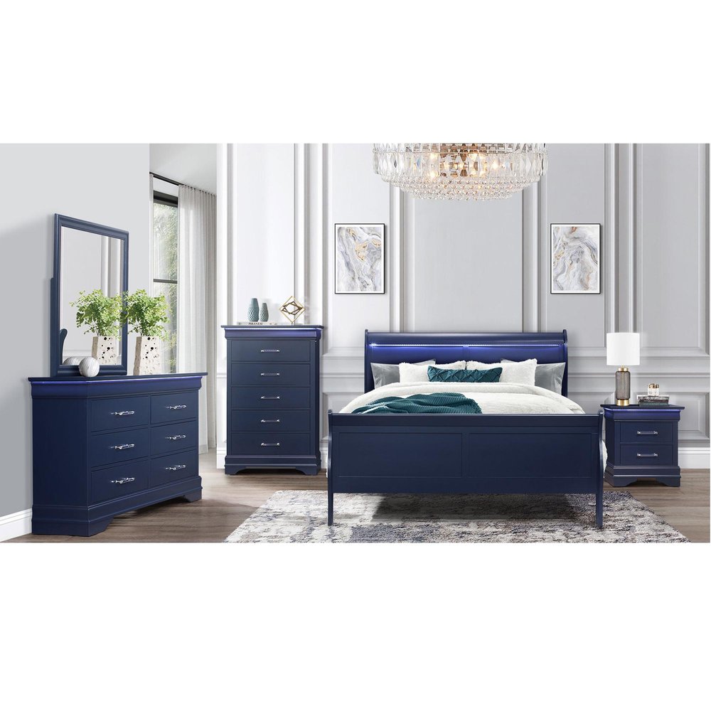 24" Blue Wood Lighted Two Drawer Nightstand — view 11