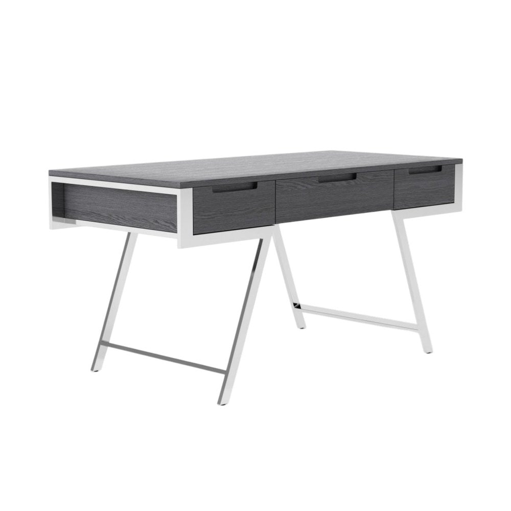 63" Gray and Silver Writing Desk With Three Drawers HomeRoots
