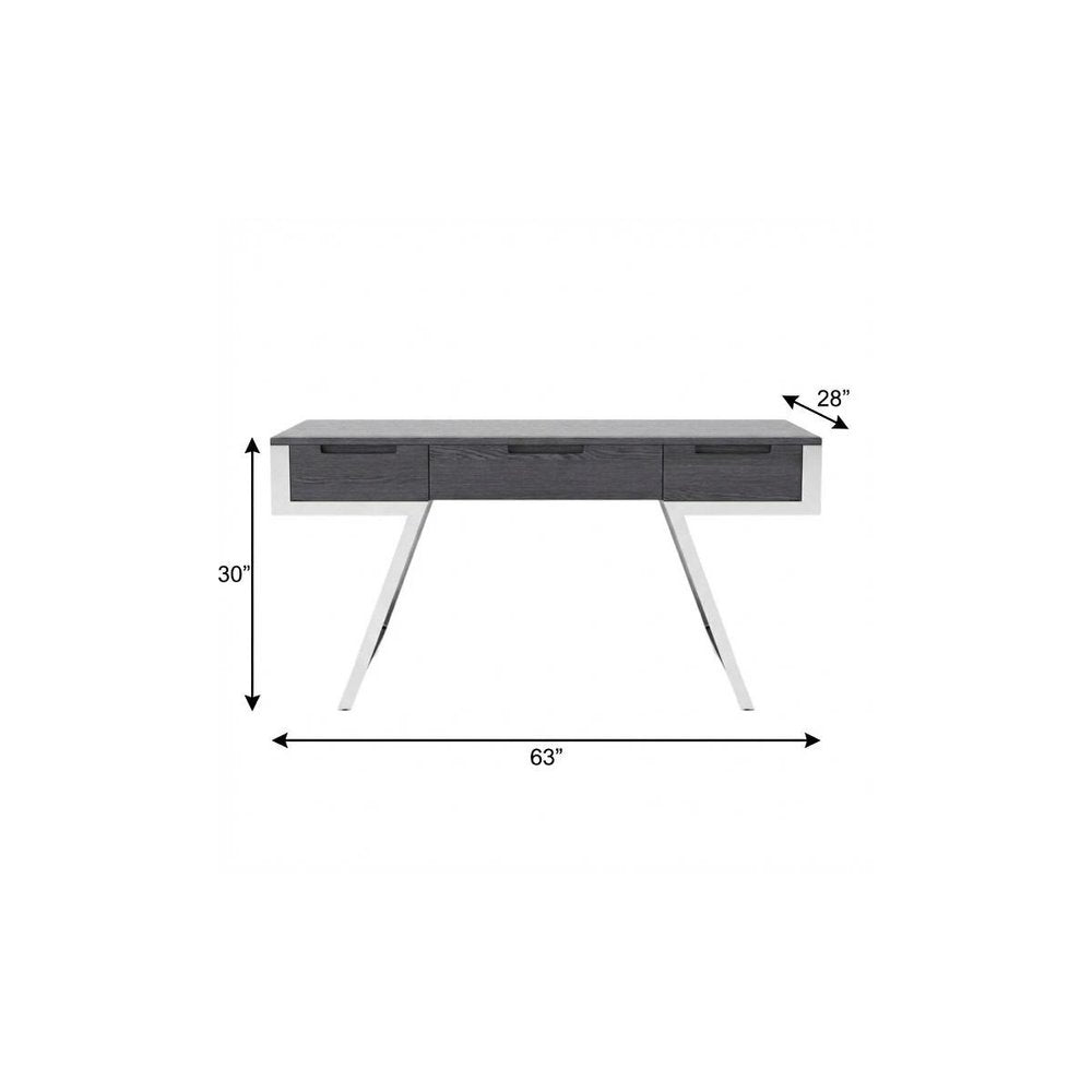 63" Gray and Silver Writing Desk With Three Drawers HomeRoots