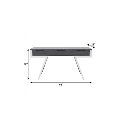 63" Gray and Silver Writing Desk With Three Drawers HomeRoots