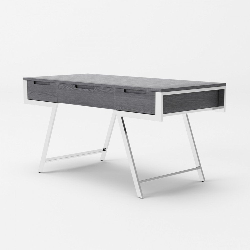 63" Gray and Silver Writing Desk With Three Drawers HomeRoots