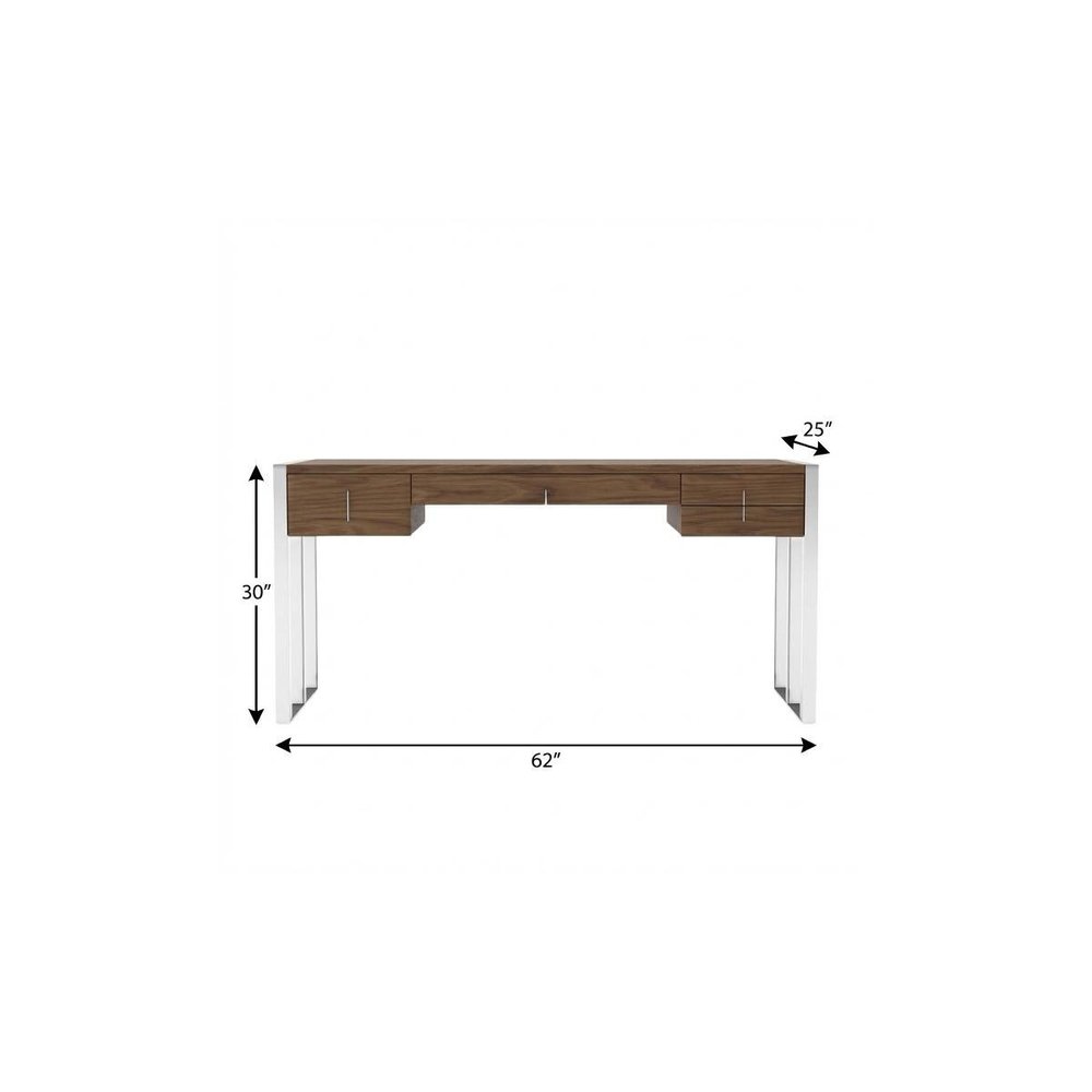 62" Brown and Silver Writing Desk With Four Drawers HomeRoots
