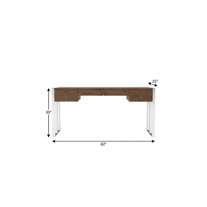 62" Brown and Silver Writing Desk With Four Drawers HomeRoots