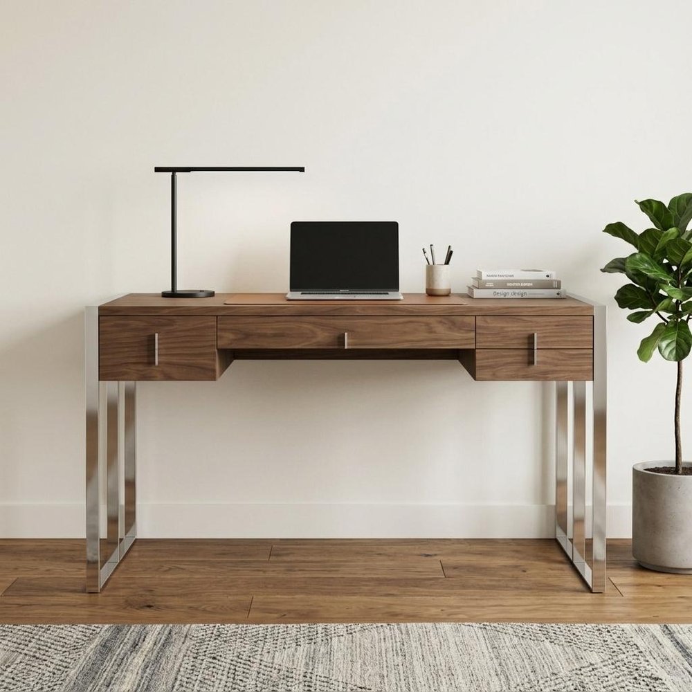 62" Brown and Silver Writing Desk With Four Drawers HomeRoots
