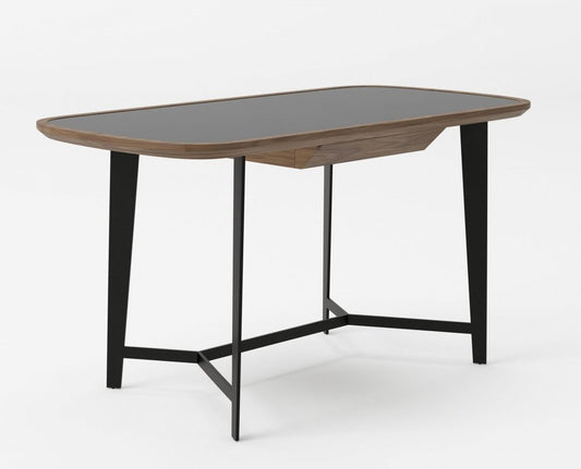 55" Walnut And Black Glass Rectangular Writing Desk HomeRoots