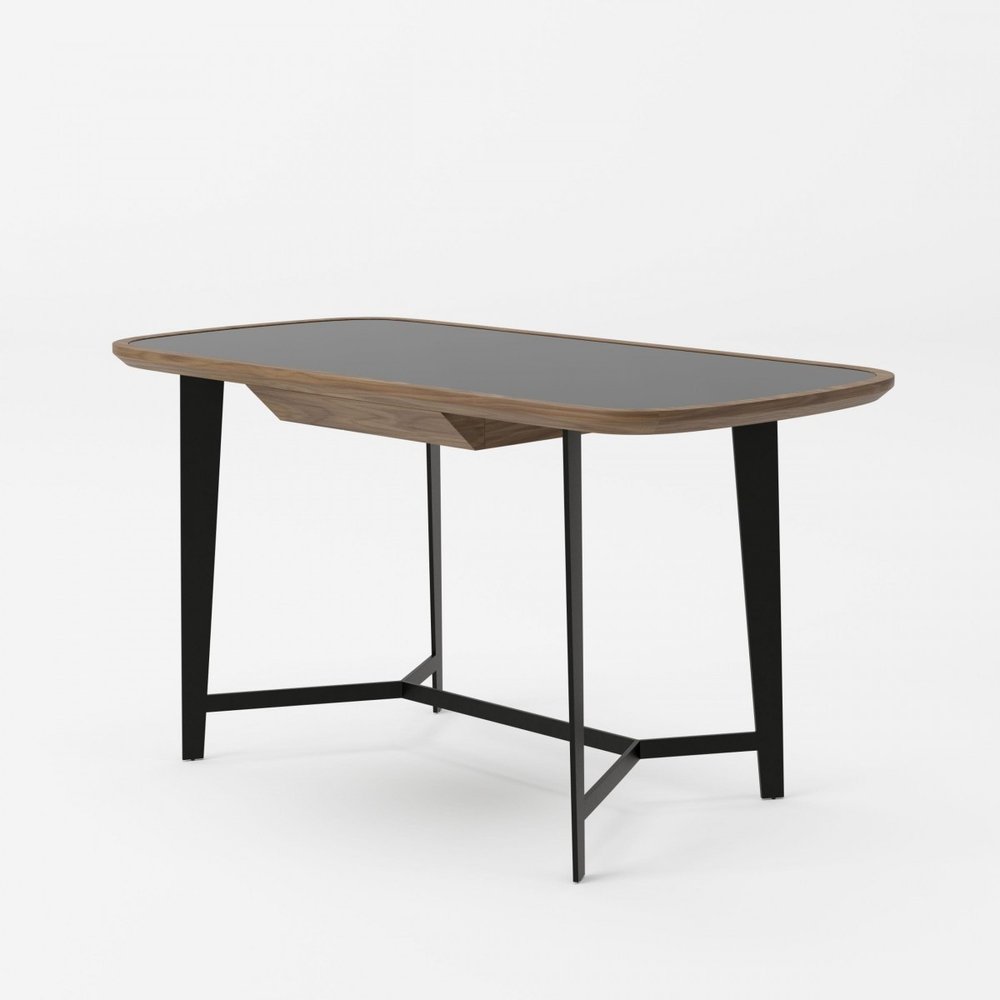 55" Walnut And Black Glass Rectangular Writing Desk HomeRoots