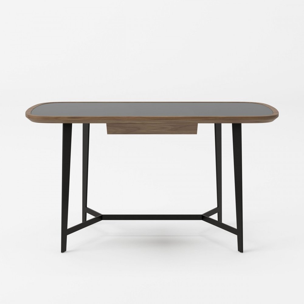 55" Walnut And Black Glass Rectangular Writing Desk HomeRoots