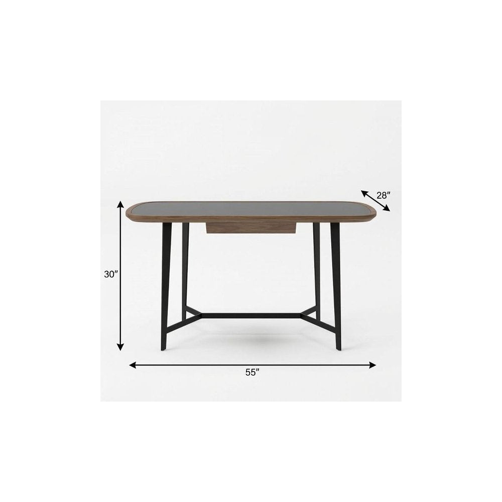 55" Walnut And Black Glass Rectangular Writing Desk HomeRoots