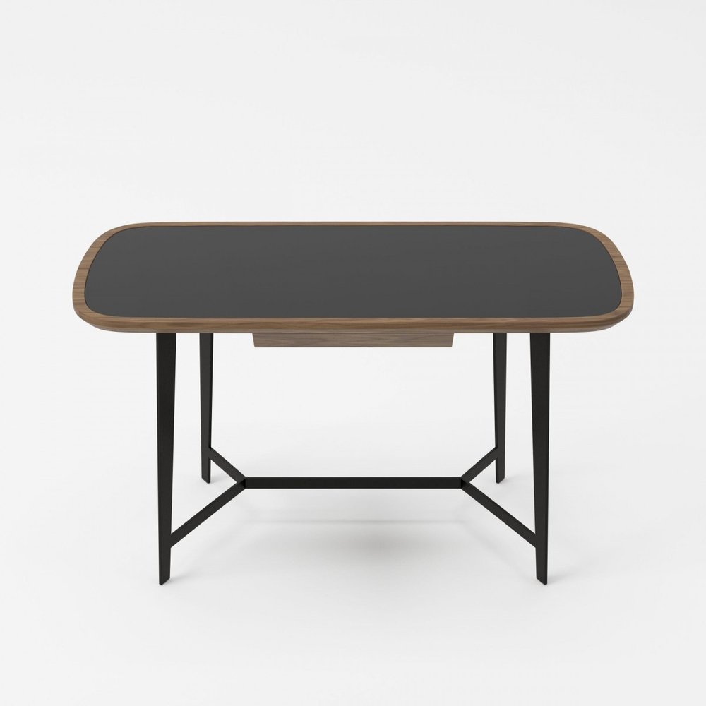 55" Walnut And Black Glass Rectangular Writing Desk HomeRoots