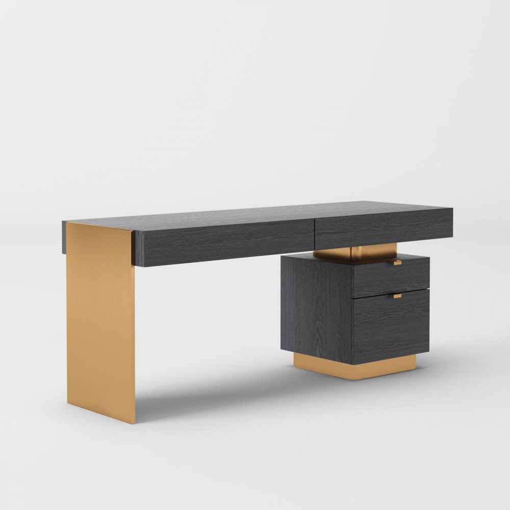 63" Gray and Gold Writing Desk With Four Drawers — view 1