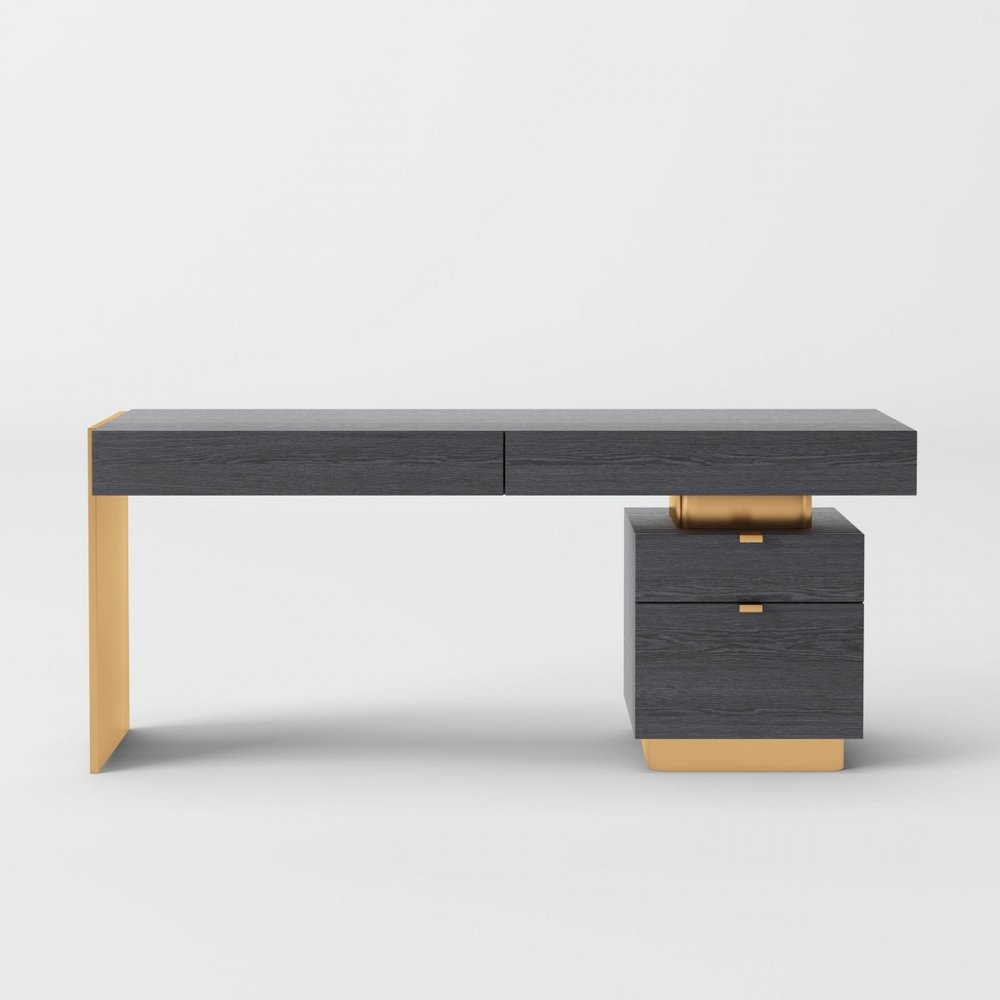 63" Gray and Gold Writing Desk With Four Drawers — view 2