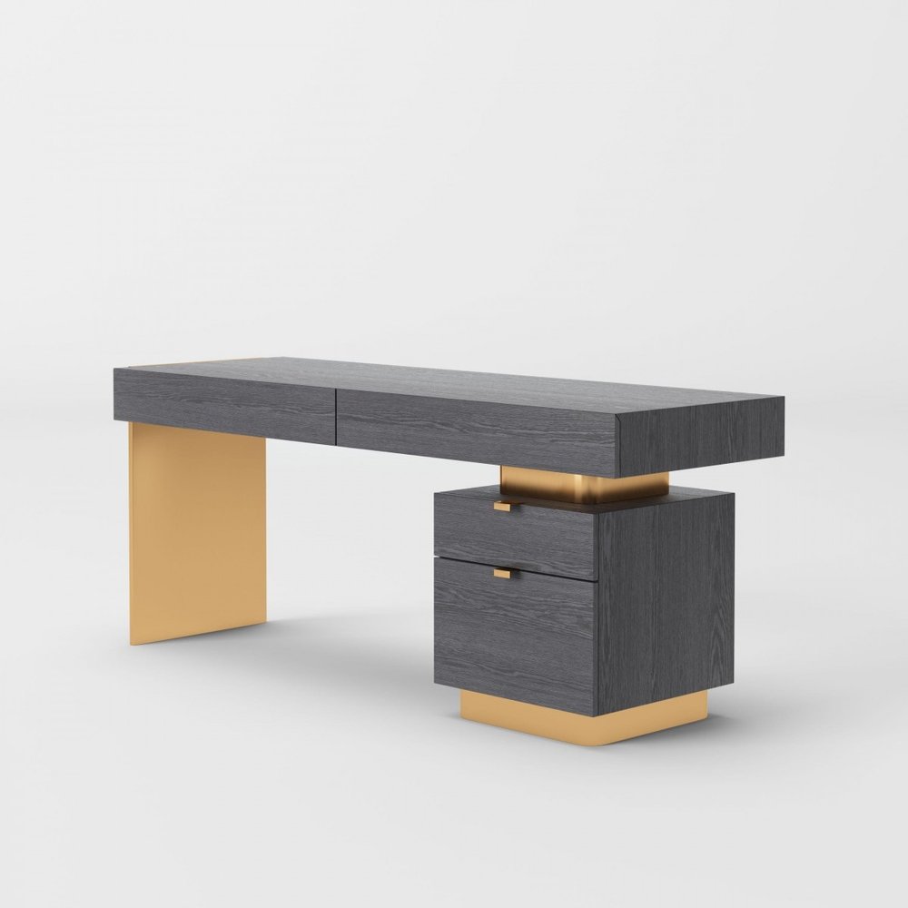 63" Gray and Gold Writing Desk With Four Drawers — view 3