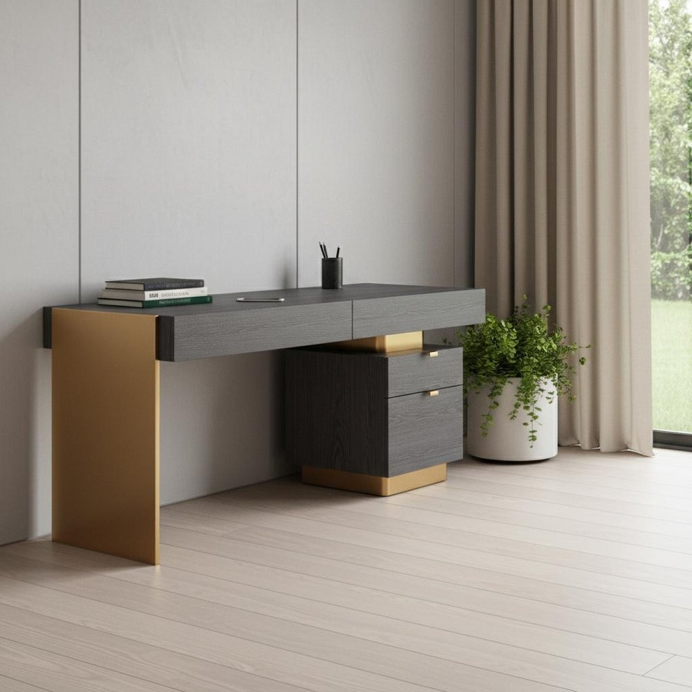 63" Gray and Gold Writing Desk With Four Drawers — view 4