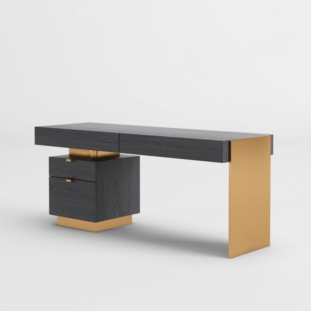 63" Gray and Gold Writing Desk With Four Drawers — view 6