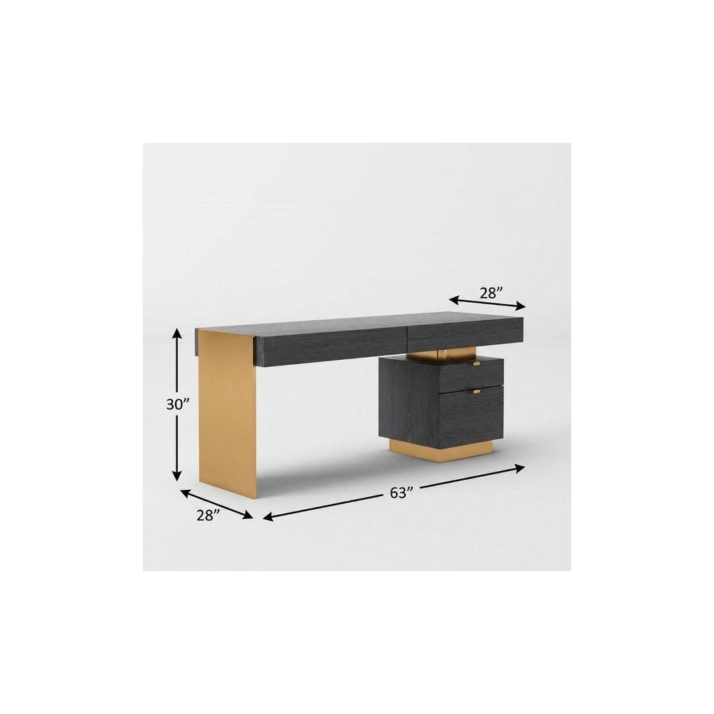 63" Gray and Gold Writing Desk With Four Drawers