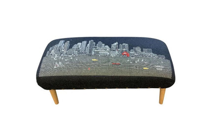 38" Black And Natural Boston Night Skyline Embroidered Ottoman HomeRoots