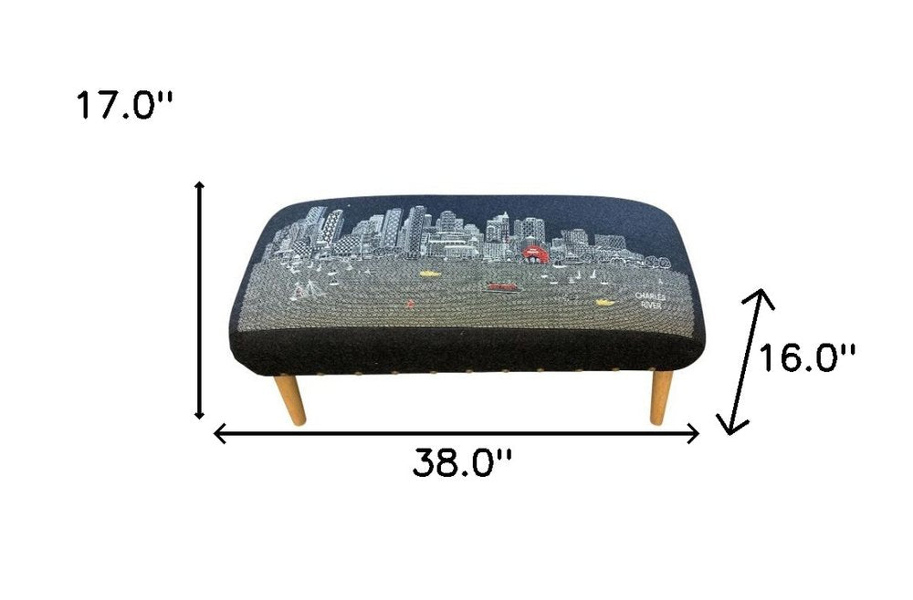 38" Black And Natural Boston Night Skyline Embroidered Ottoman HomeRoots