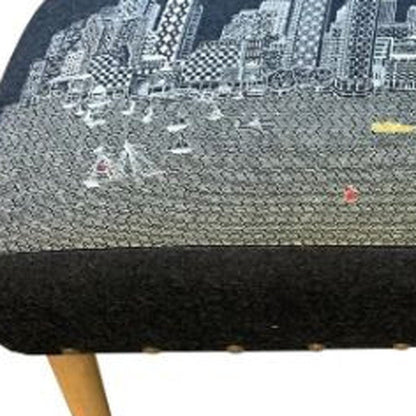 38" Black And Natural Boston Night Skyline Embroidered Ottoman HomeRoots