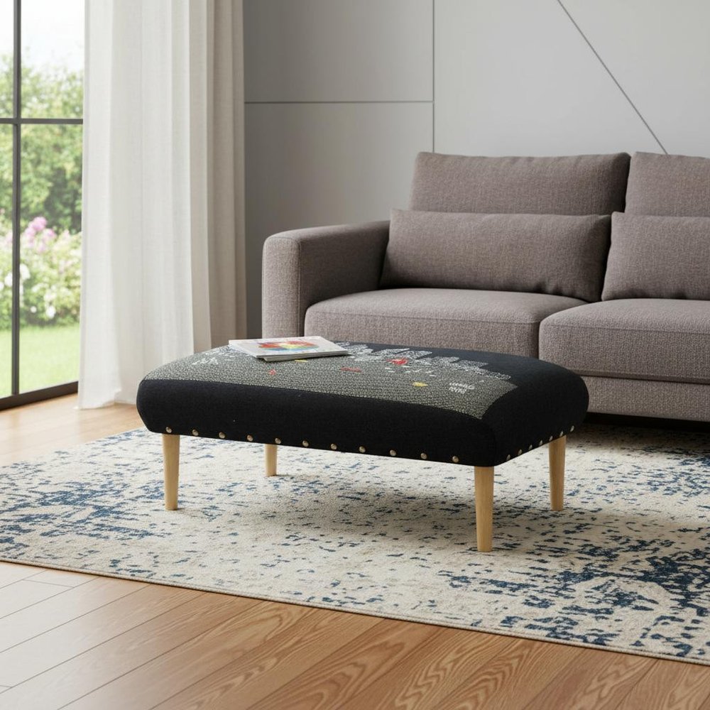 38" Black And Natural Boston Night Skyline Embroidered Ottoman HomeRoots