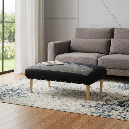 38" Black And Natural Boston Night Skyline Embroidered Ottoman HomeRoots