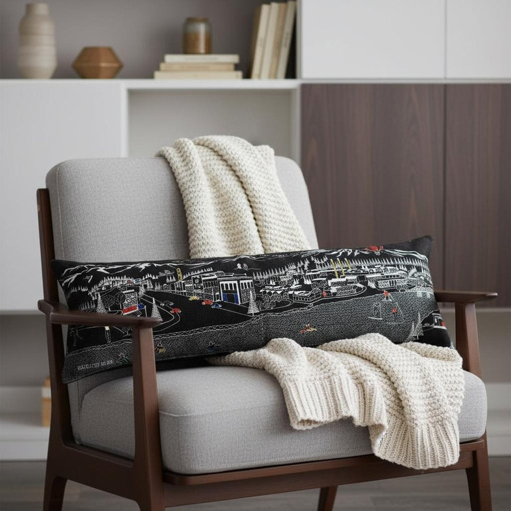 14" X 45" Dark Gray And White Bend Nighttime Skyline Lumbar Decorative Pillow — view 1
