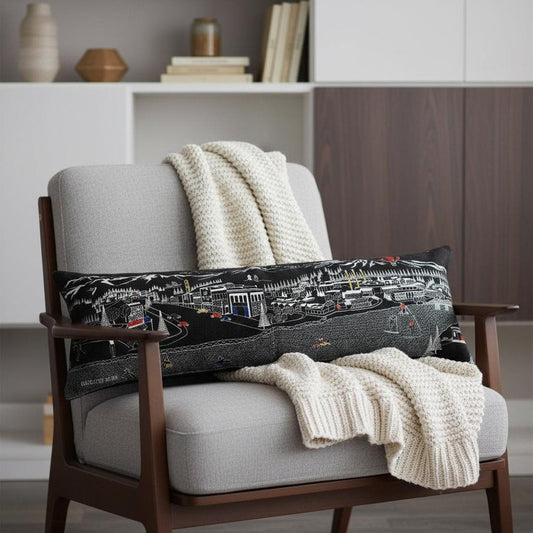 14" X 45" Dark Gray And White Bend Nighttime Skyline Lumbar Decorative Pillow
