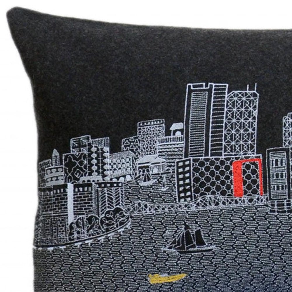 14" X 45" Dark Gray And White Boston Night Skyline Lumbar Decorative Pillow HomeRoots