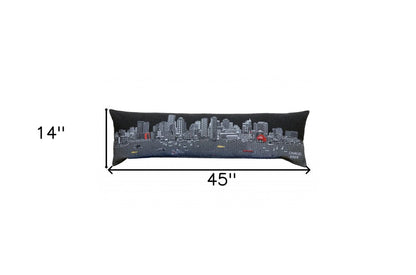 14" X 45" Dark Gray And White Boston Night Skyline Lumbar Decorative Pillow HomeRoots