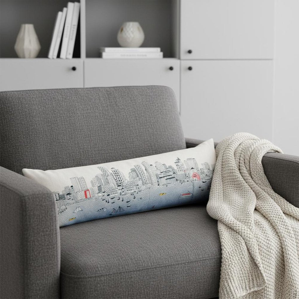 14" X 45" Dark Gray And White Boston Night Skyline Lumbar Decorative Pillow HomeRoots