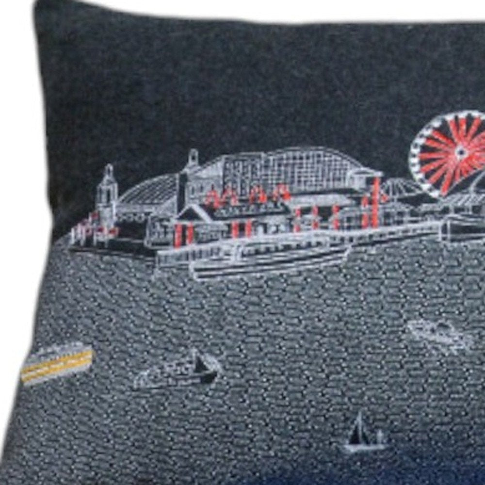 14" X 45" Dark Gray And White Chicago Nighttime Skyline Lumbar Decorative Pillow — view 3