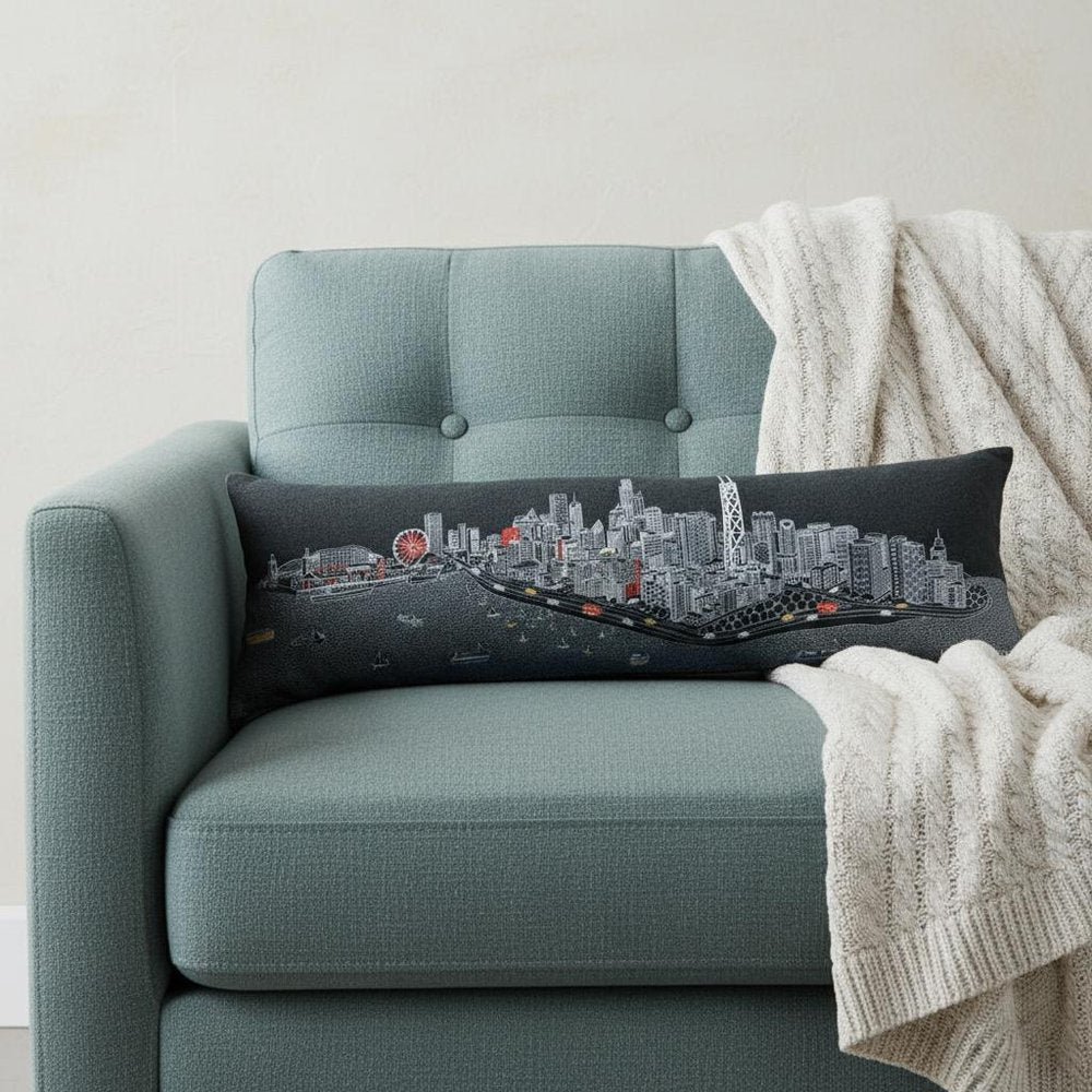 14" X 45" Dark Gray And White Chicago Nighttime Skyline Lumbar Decorative Pillow — view 1