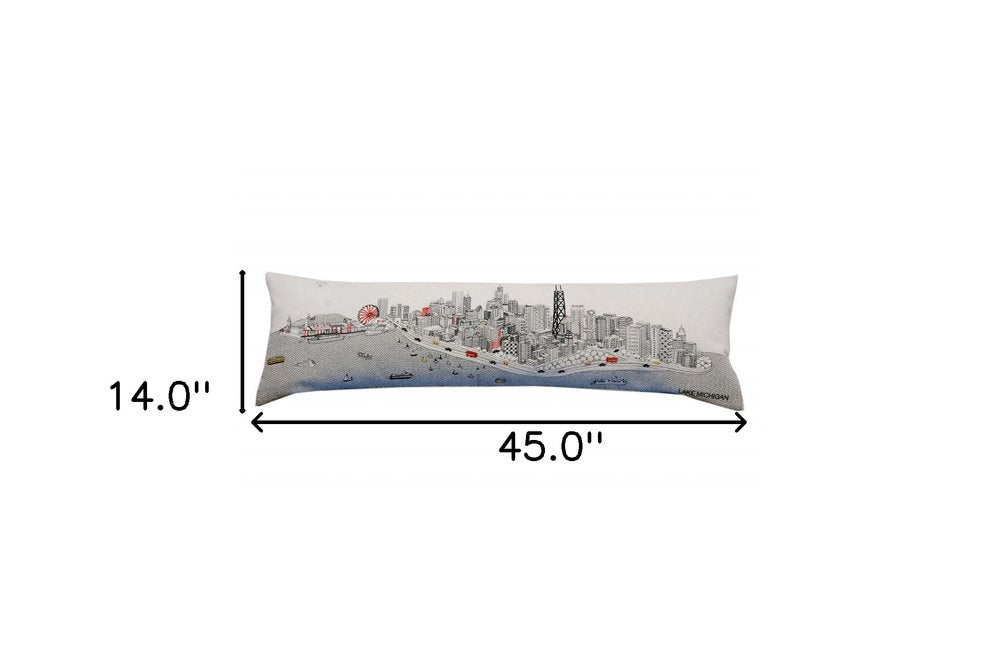 14" X 45" Dark Gray And White Chicago Nighttime Skyline Lumbar Decorative Pillow HomeRoots