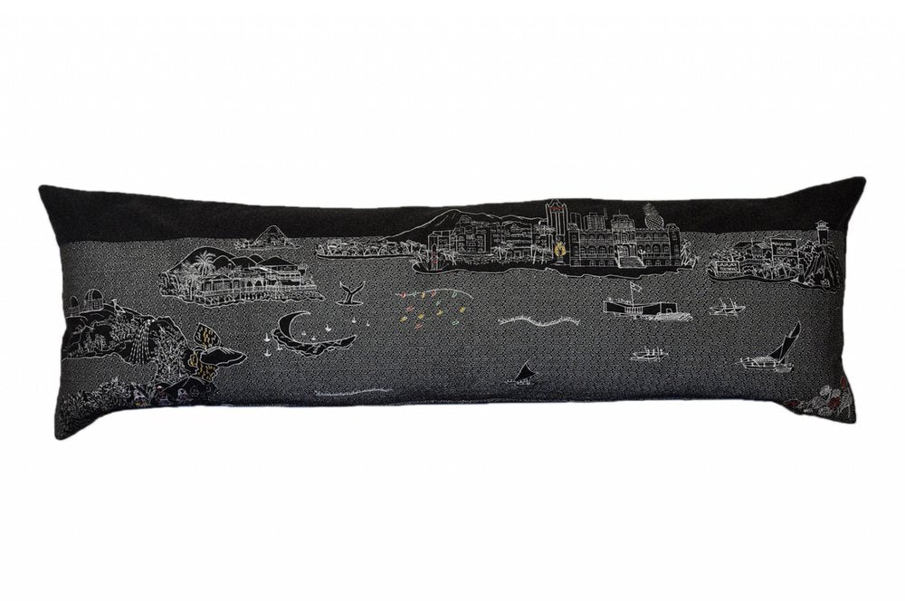14" X 45" Dark Gray And White Hawaii Nighttime Skyline Lumbar Decorative Pillow — view 2