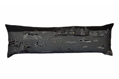 14" X 45" Dark Gray And White Hawaii Nighttime Skyline Lumbar Decorative Pillow HomeRoots