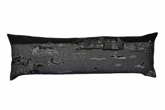 14" X 45" Dark Gray And White Hawaii Nighttime Skyline Lumbar Decorative Pillow