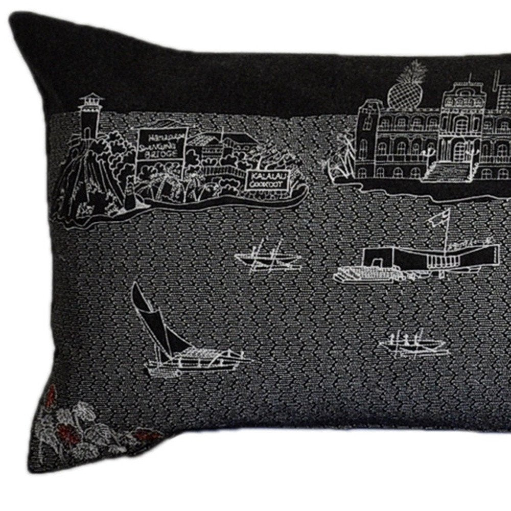 14" X 45" Dark Gray And White Hawaii Nighttime Skyline Lumbar Decorative Pillow — view 4