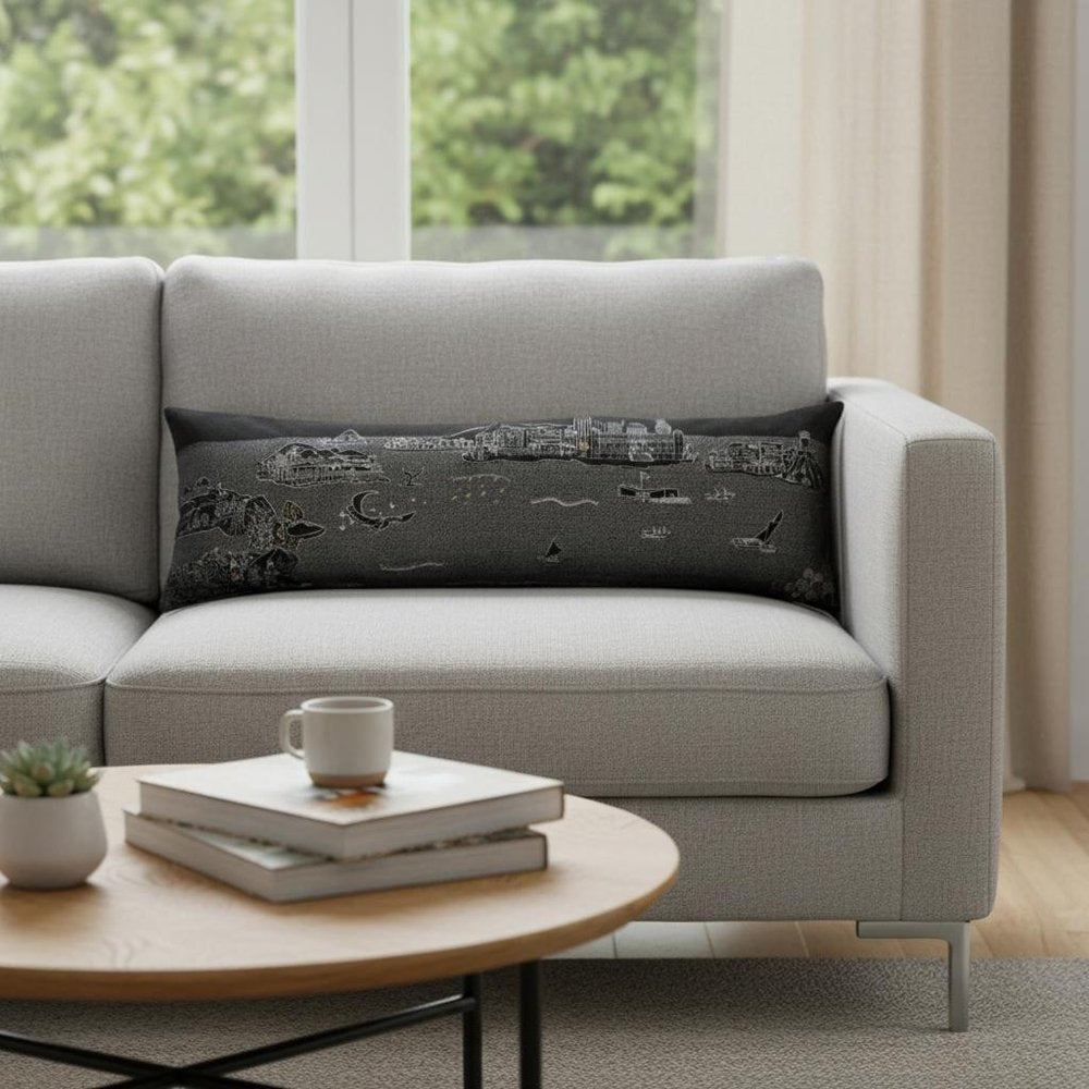 14" X 45" Dark Gray And White Hawaii Nighttime Skyline Lumbar Decorative Pillow — view 1