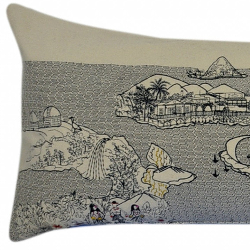 14" X 45" Dark Gray And White Hawaii Nighttime Skyline Lumbar Decorative Pillow HomeRoots